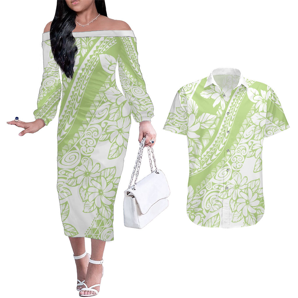 Polynesian Tiare Flower Sage Green Pastel Couples Matching Off The Shoulder Long Sleeve Dress and Hawaiian Shirt