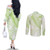 Polynesian Tiare Flower Sage Green Pastel Couples Matching Off The Shoulder Long Sleeve Dress and Long Sleeve Button Shirt