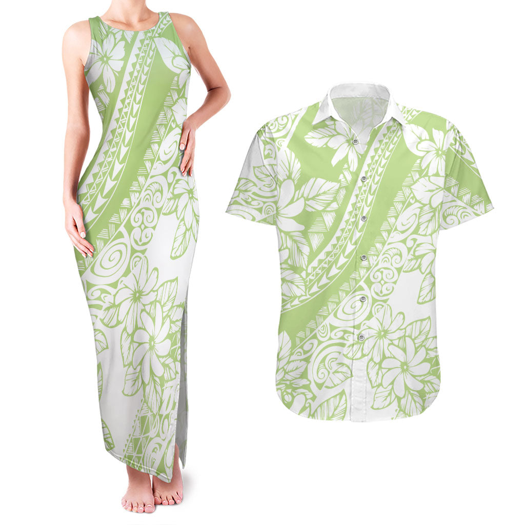 Polynesian Tiare Flower Sage Green Pastel Couples Matching Tank Maxi Dress and Hawaiian Shirt
