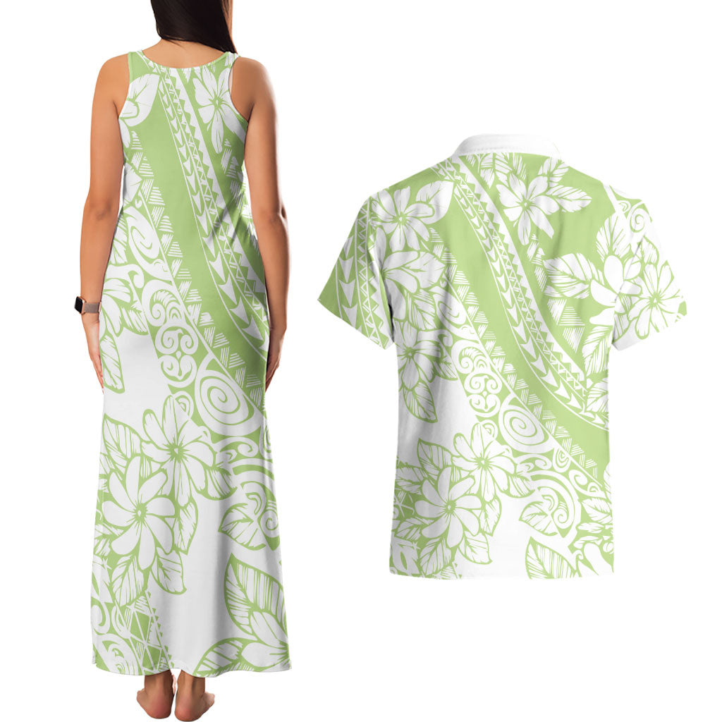 Polynesian Tiare Flower Sage Green Pastel Couples Matching Tank Maxi Dress and Hawaiian Shirt