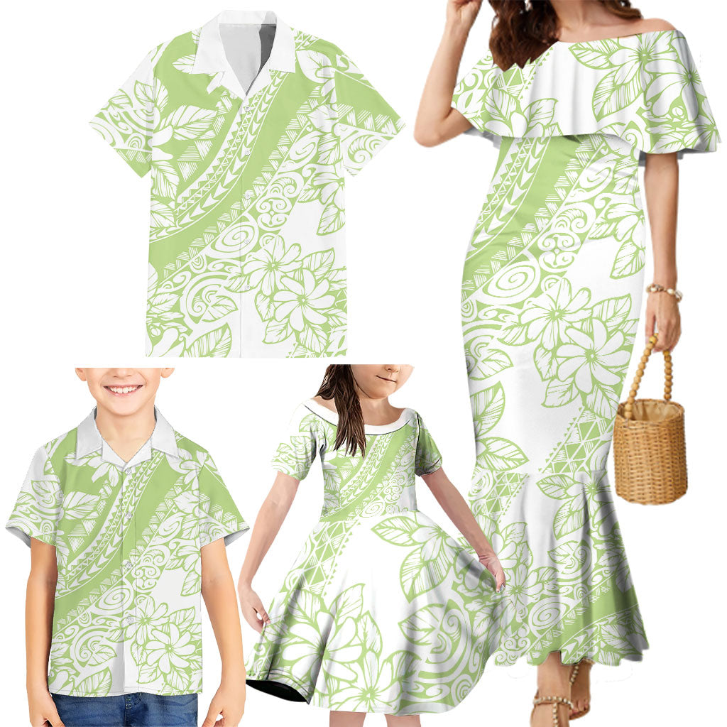 Polynesian Tiare Flower Sage Green Pastel Family Matching Mermaid Dress and Hawaiian Shirt LT14 - Polynesian Pride