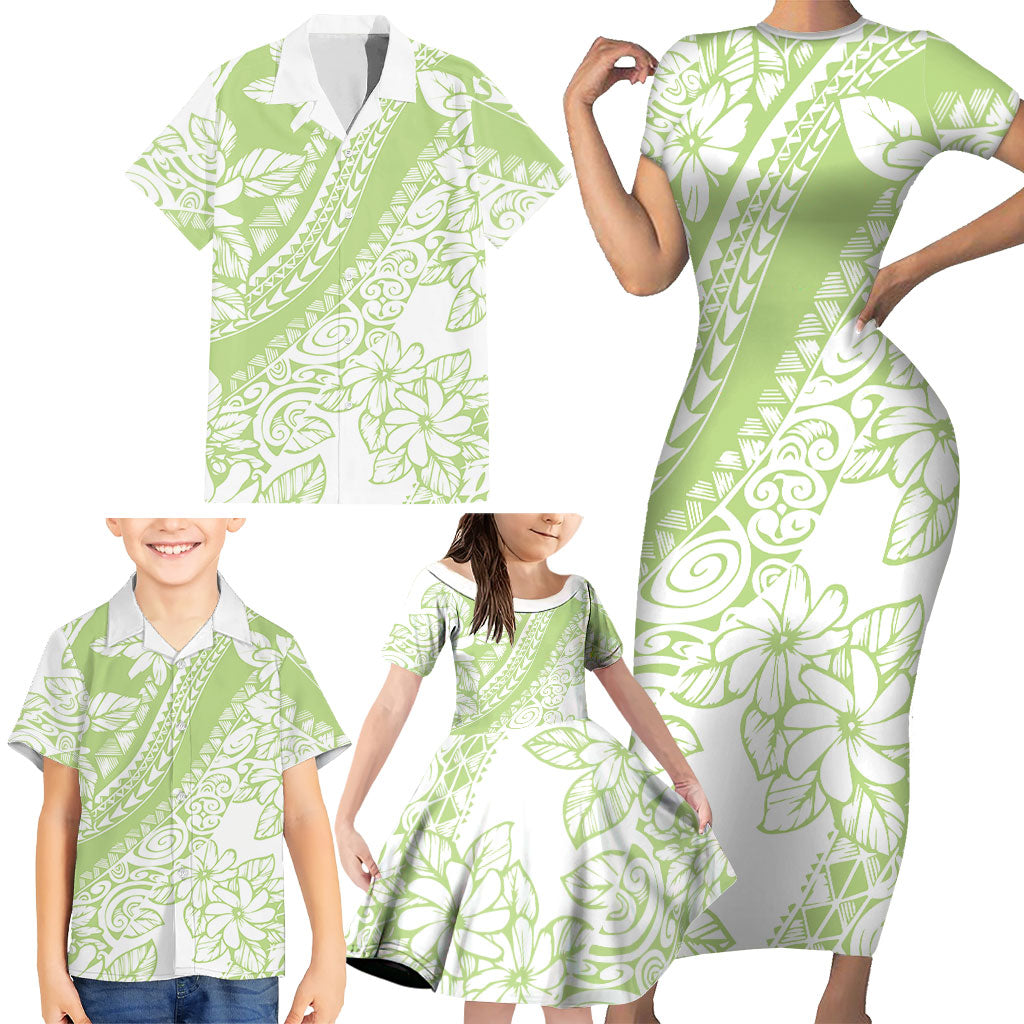 Polynesian Tiare Flower Sage Green Pastel Family Matching Short Sleeve Bodycon Dress and Hawaiian Shirt LT14 - Polynesian Pride