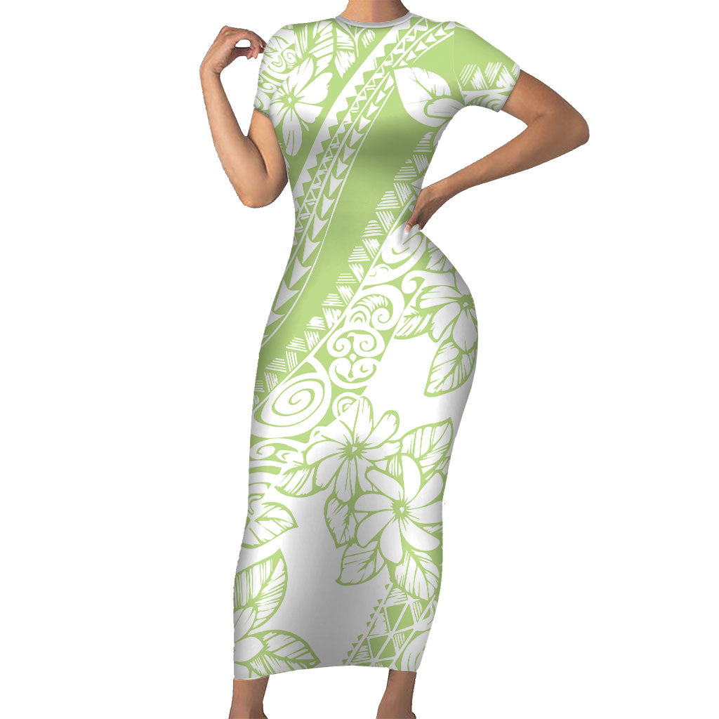 Polynesian Tiare Flower Sage Green Pastel Family Matching Short Sleeve Bodycon Dress and Hawaiian Shirt LT14 Mom's Dress Sage Green - Polynesian Pride