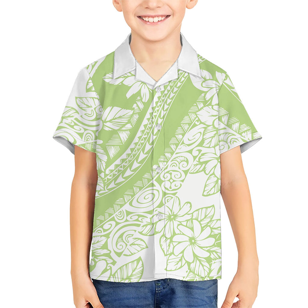 Polynesian Tiare Flower Sage Green Pastel Kid Hawaiian Shirt