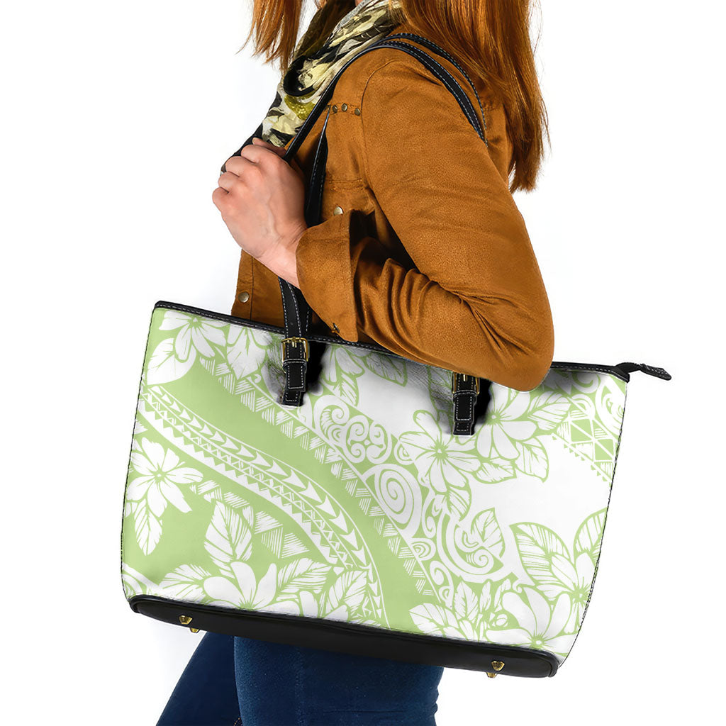 Polynesian Tiare Flower Sage Green Pastel Leather Tote Bag