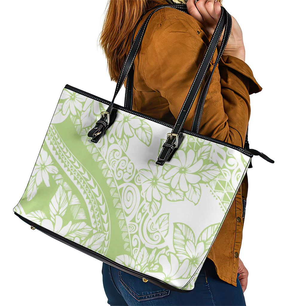Polynesian Tiare Flower Sage Green Pastel Leather Tote Bag