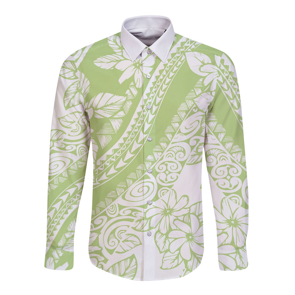 Polynesian Tiare Flower Sage Green Pastel Long Sleeve Button Shirt