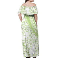 Polynesian Tiare Flower Sage Green Pastel Off Shoulder Maxi Dress