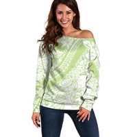 Polynesian Tiare Flower Sage Green Pastel Off Shoulder Sweater LT14 Women Sage Green - Polynesian Pride