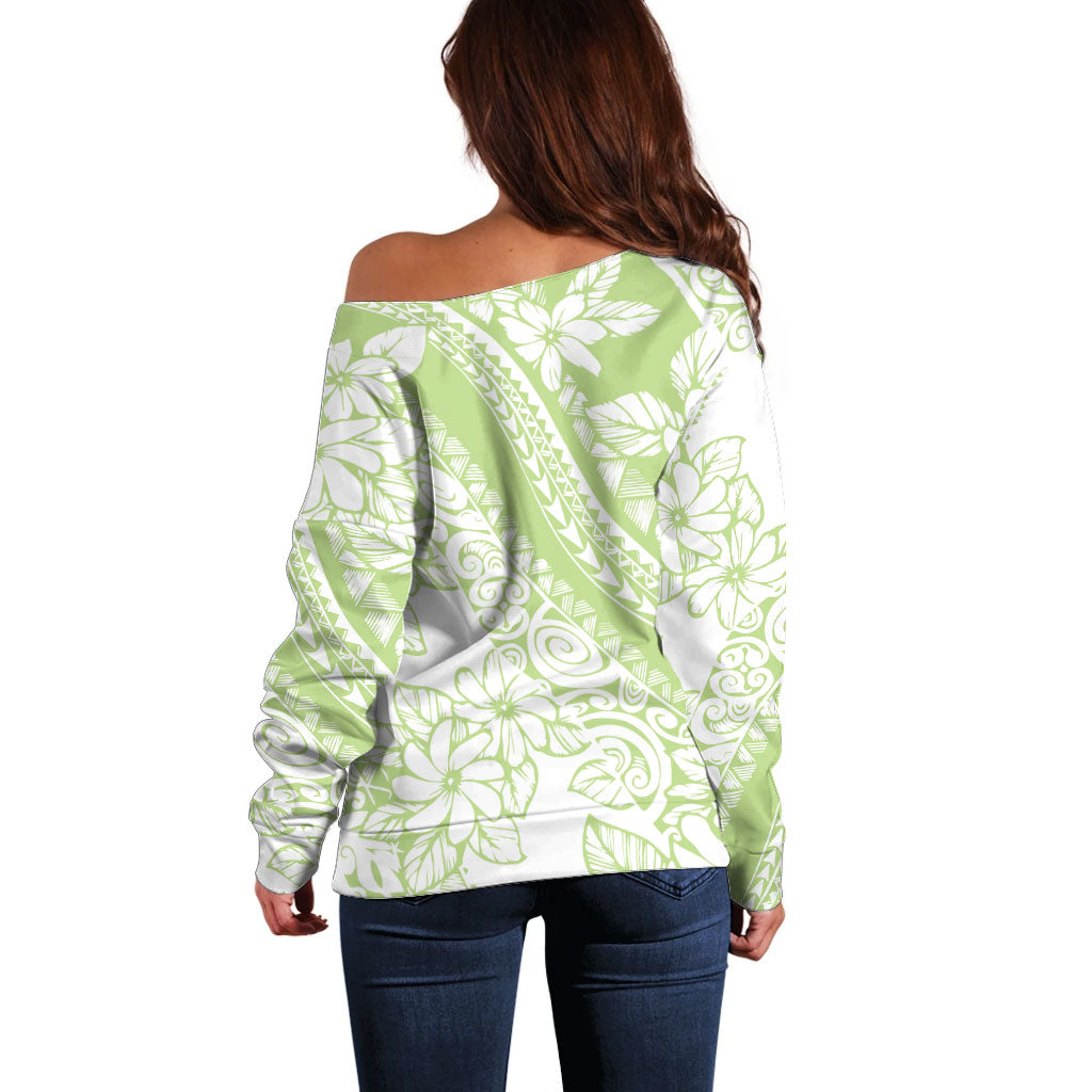 Polynesian Tiare Flower Sage Green Pastel Off Shoulder Sweater LT14 - Polynesian Pride
