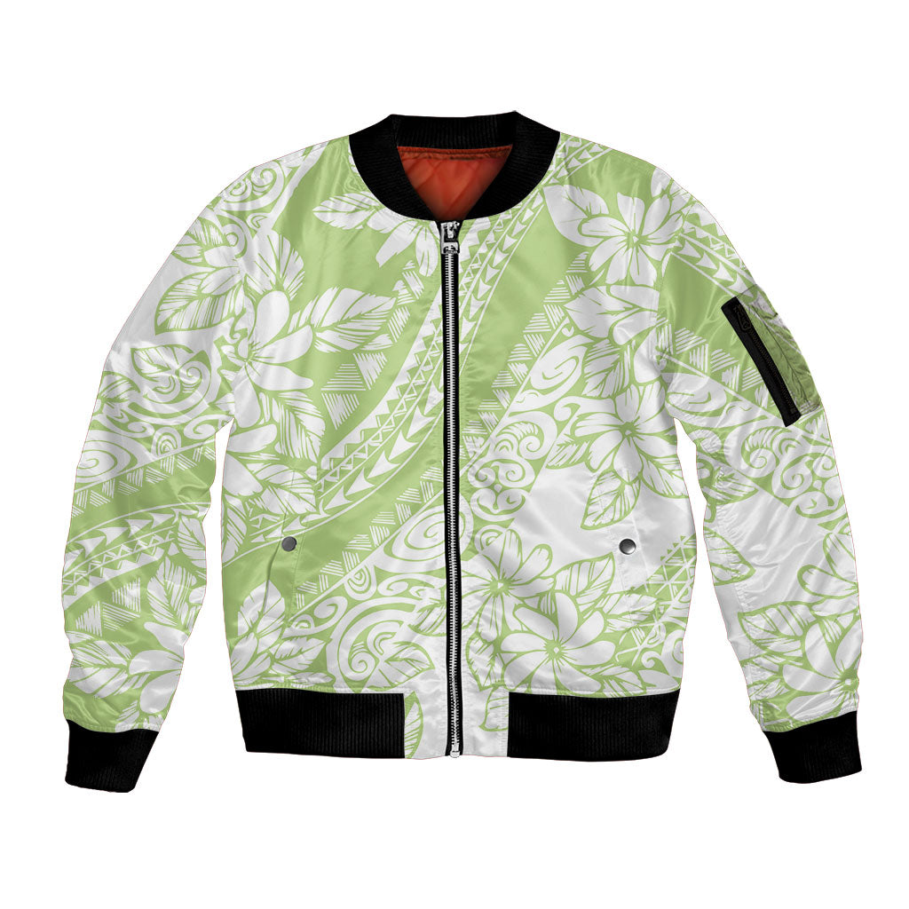Polynesian Tiare Flower Sage Green Pastel Sleeve Zip Bomber Jacket LT14 Unisex Sage Green - Polynesian Pride