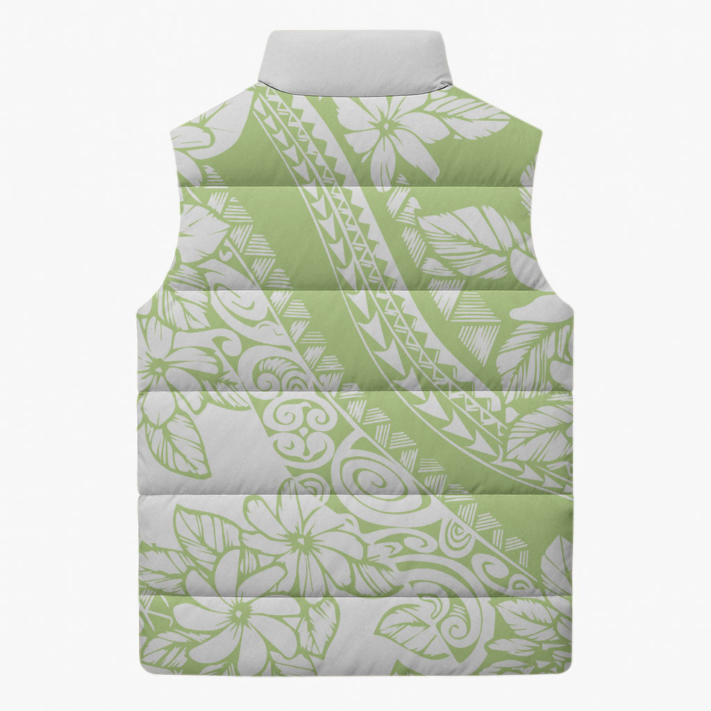Polynesian Tiare Flower Sage Green Pastel Sleeveless Puffer Jacket LT14 - Polynesian Pride