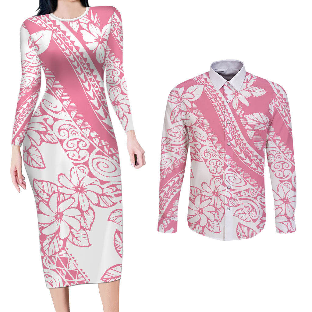 Polynesian Tiare Flower Pink Pastel Vibes Couples Matching Long Sleeve Bodycon Dress and Long Sleeve Button Shirt