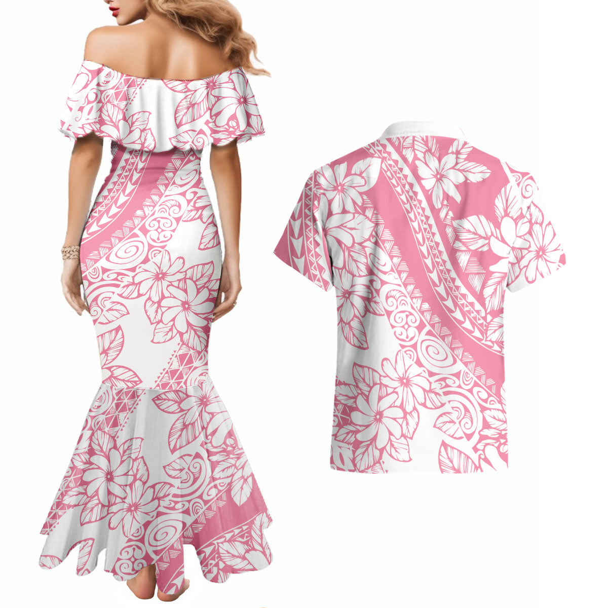 Polynesian Tiare Flower Pink Pastel Vibes Couples Matching Mermaid Dress and Hawaiian Shirt