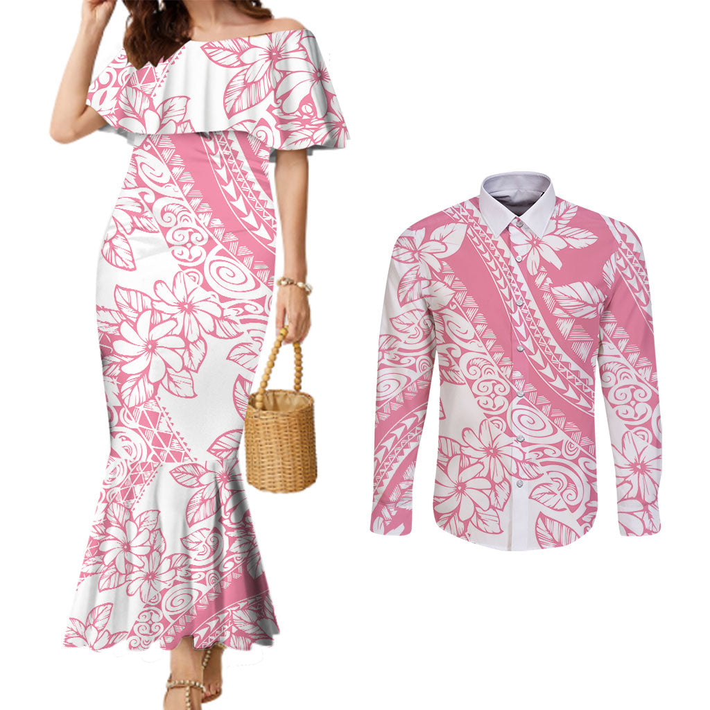 Polynesian Tiare Flower Pink Pastel Vibes Couples Matching Mermaid Dress and Long Sleeve Button Shirt LT14 Pink - Polynesian Pride