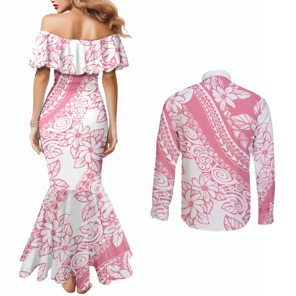 Polynesian Tiare Flower Pink Pastel Vibes Couples Matching Mermaid Dress and Long Sleeve Button Shirt LT14 - Polynesian Pride