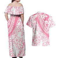 Polynesian Tiare Flower Pink Pastel Vibes Couples Matching Off Shoulder Maxi Dress and Hawaiian Shirt
