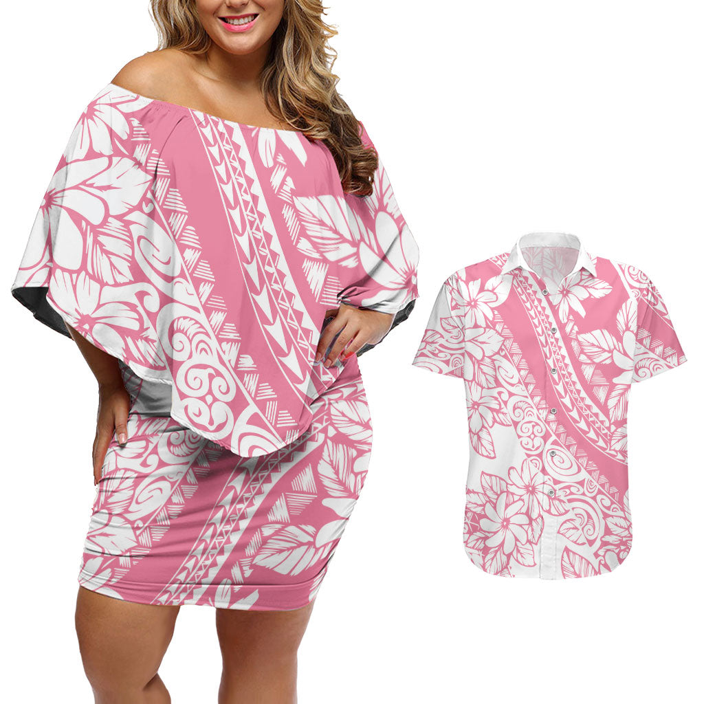 Polynesian Tiare Flower Pink Pastel Vibes Couples Matching Off Shoulder Short Dress and Hawaiian Shirt