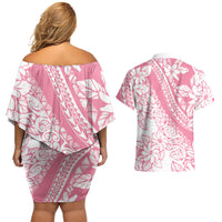 Polynesian Tiare Flower Pink Pastel Vibes Couples Matching Off Shoulder Short Dress and Hawaiian Shirt