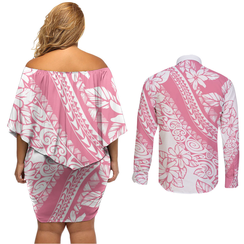 Polynesian Tiare Flower Pink Pastel Vibes Couples Matching Off Shoulder Short Dress and Long Sleeve Button Shirt
