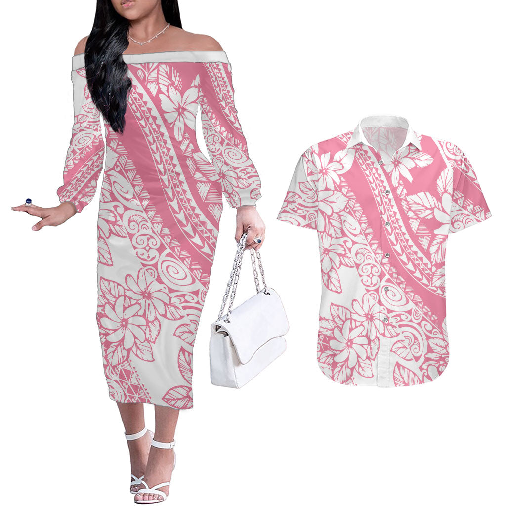 Polynesian Tiare Flower Pink Pastel Vibes Couples Matching Off The Shoulder Long Sleeve Dress and Hawaiian Shirt LT14 Pink - Polynesian Pride