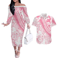 Polynesian Tiare Flower Pink Pastel Vibes Couples Matching Off The Shoulder Long Sleeve Dress and Hawaiian Shirt LT14 Pink - Polynesian Pride