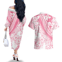 Polynesian Tiare Flower Pink Pastel Vibes Couples Matching Off The Shoulder Long Sleeve Dress and Hawaiian Shirt LT14 - Polynesian Pride