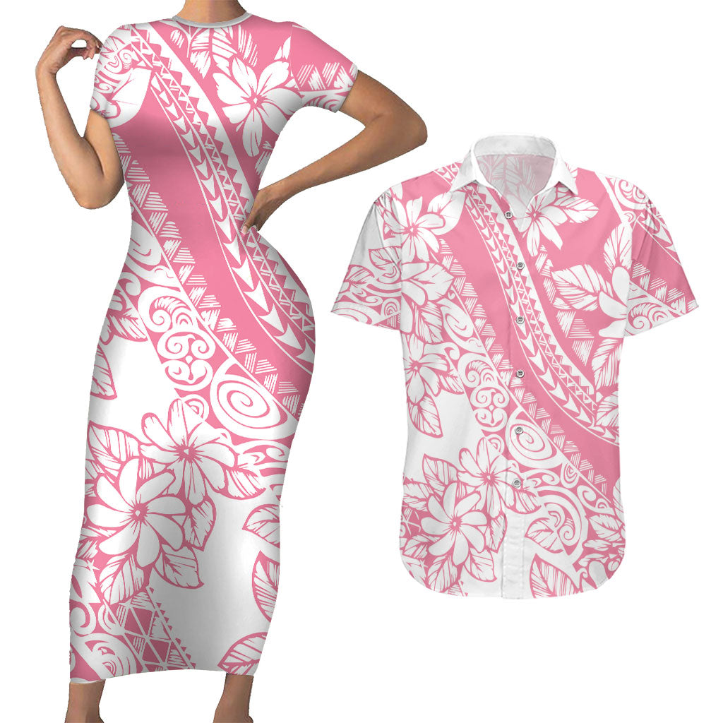 Polynesian Tiare Flower Pink Pastel Vibes Couples Matching Short Sleeve Bodycon Dress and Hawaiian Shirt