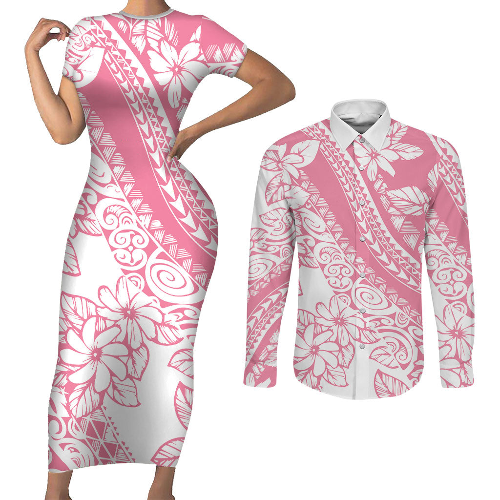 Polynesian Tiare Flower Pink Pastel Vibes Couples Matching Short Sleeve Bodycon Dress and Long Sleeve Button Shirt LT14 Pink - Polynesian Pride