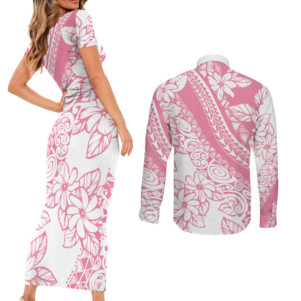 Polynesian Tiare Flower Pink Pastel Vibes Couples Matching Short Sleeve Bodycon Dress and Long Sleeve Button Shirt LT14 - Polynesian Pride