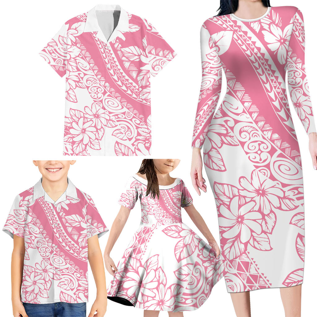 Polynesian Tiare Flower Pink Pastel Vibes Family Matching Long Sleeve Bodycon Dress and Hawaiian Shirt LT14 - Polynesian Pride