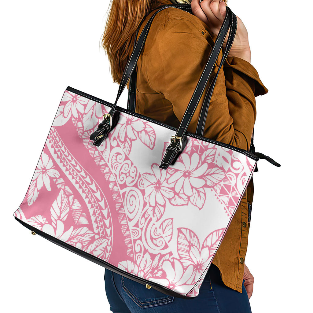 Polynesian Tiare Flower Pink Pastel Vibes Leather Tote Bag
