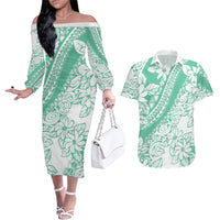 Polynesian Tiare Flower Cyan Pastel Vibes Couples Matching Off The Shoulder Long Sleeve Dress and Hawaiian Shirt LT14 Cyan - Polynesian Pride