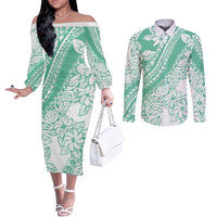 Polynesian Tiare Flower Cyan Pastel Vibes Couples Matching Off The Shoulder Long Sleeve Dress and Long Sleeve Button Shirt