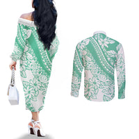 Polynesian Tiare Flower Cyan Pastel Vibes Couples Matching Off The Shoulder Long Sleeve Dress and Long Sleeve Button Shirt