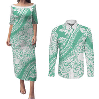 Polynesian Tiare Flower Cyan Pastel Vibes Couples Matching Puletasi and Long Sleeve Button Shirt