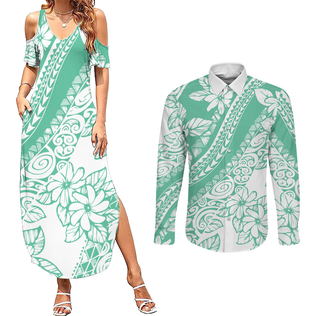 Polynesian Tiare Flower Cyan Pastel Vibes Couples Matching Summer Maxi Dress and Long Sleeve Button Shirt
