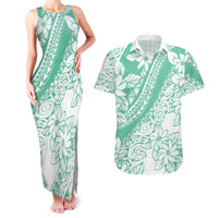 Polynesian Tiare Flower Cyan Pastel Vibes Couples Matching Tank Maxi Dress and Hawaiian Shirt