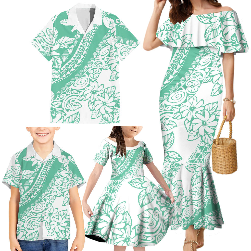 Polynesian Tiare Flower Cyan Pastel Vibes Family Matching Mermaid Dress and Hawaiian Shirt LT14 - Polynesian Pride