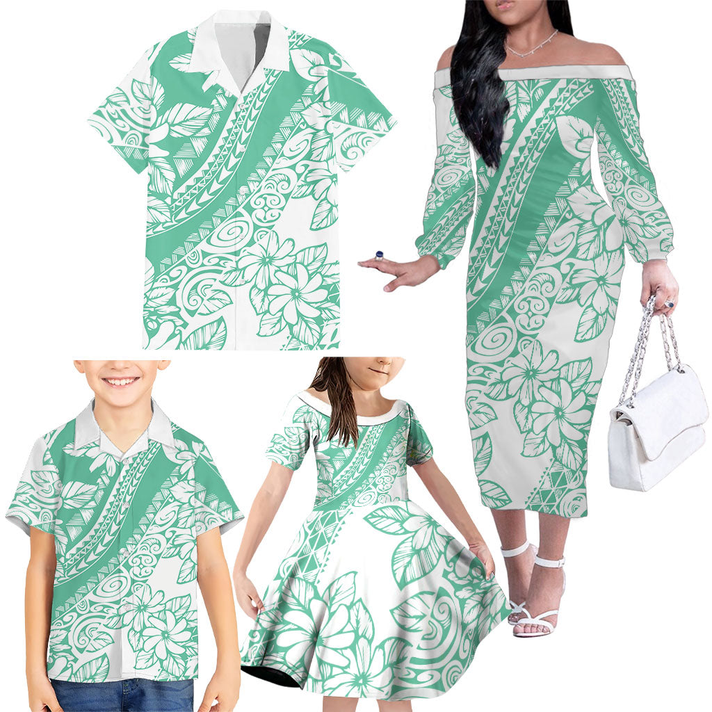 Polynesian Tiare Flower Cyan Pastel Vibes Family Matching Off The Shoulder Long Sleeve Dress and Hawaiian Shirt LT14 - Polynesian Pride