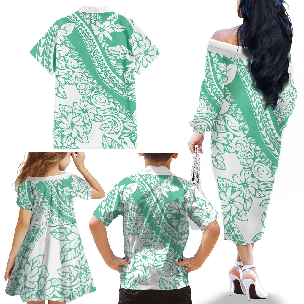 Polynesian Tiare Flower Cyan Pastel Vibes Family Matching Off The Shoulder Long Sleeve Dress and Hawaiian Shirt LT14 - Polynesian Pride