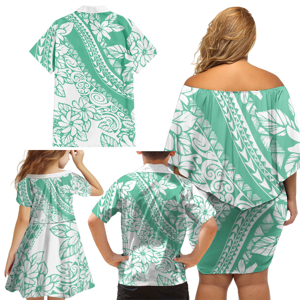 Polynesian Tiare Flower Cyan Pastel Vibes Family Matching Off Shoulder Short Dress and Hawaiian Shirt LT14 - Polynesian Pride