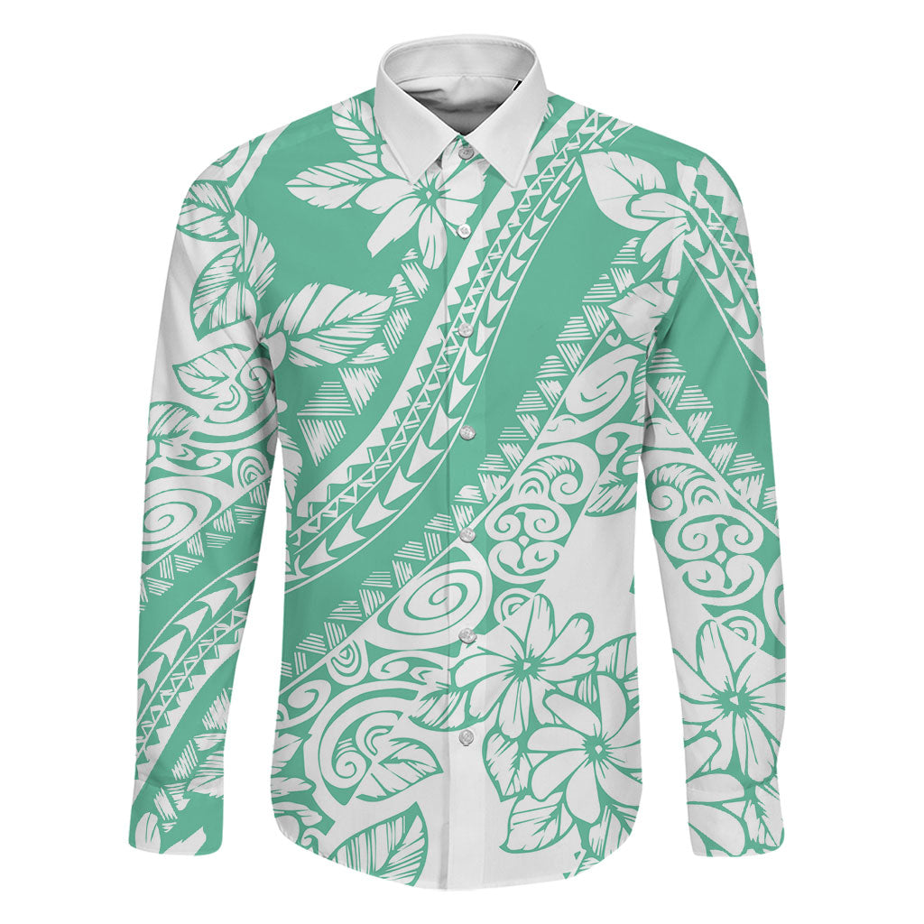 Polynesian Tiare Flower Cyan Pastel Vibes Family Matching Off Shoulder Short Dress and Hawaiian Shirt LT14 Dad's Shirt - Long Sleeve Cyan - Polynesian Pride