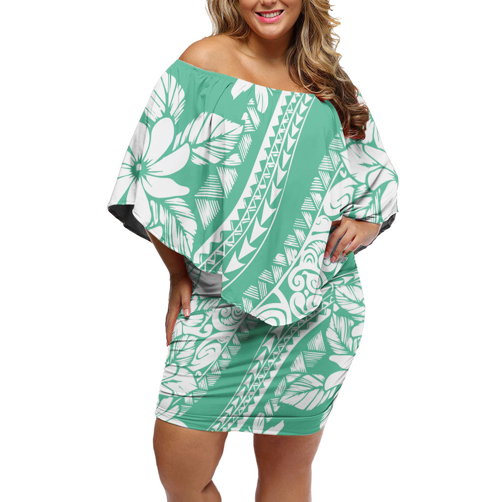 Polynesian Tiare Flower Cyan Pastel Vibes Family Matching Off Shoulder Short Dress and Hawaiian Shirt LT14 Mom's Dress Cyan - Polynesian Pride