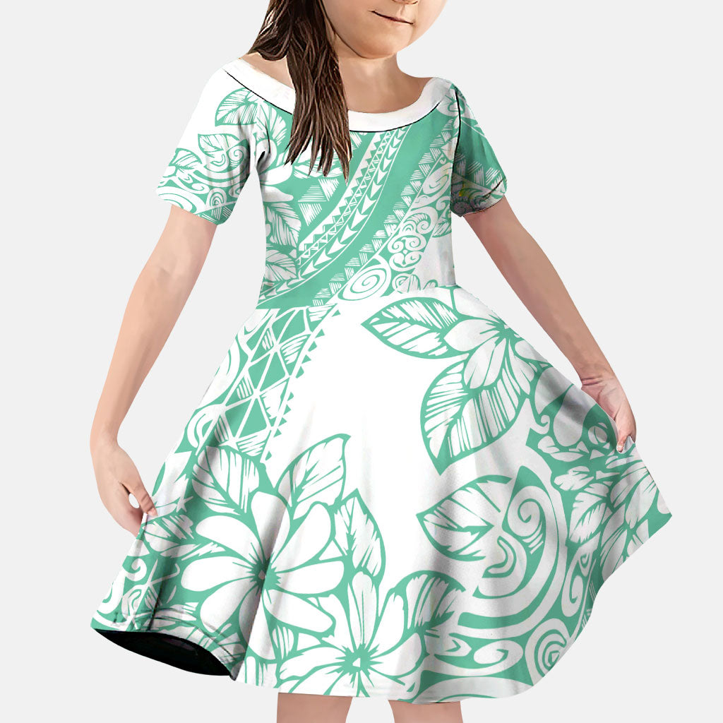 Polynesian Tiare Flower Cyan Pastel Vibes Family Matching Puletasi and Hawaiian Shirt LT14 Daughter's Dress Cyan - Polynesian Pride