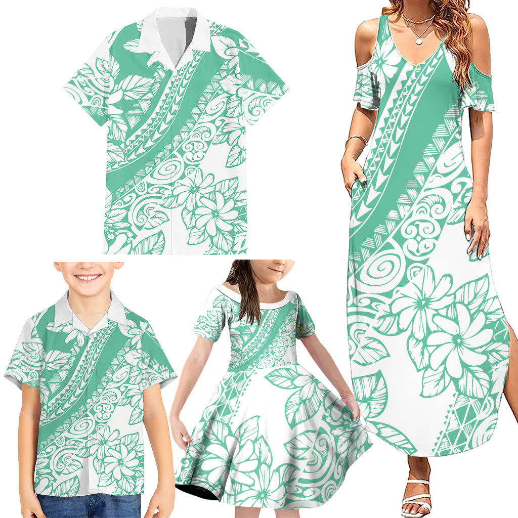 Polynesian Tiare Flower Cyan Pastel Vibes Family Matching Summer Maxi Dress and Hawaiian Shirt