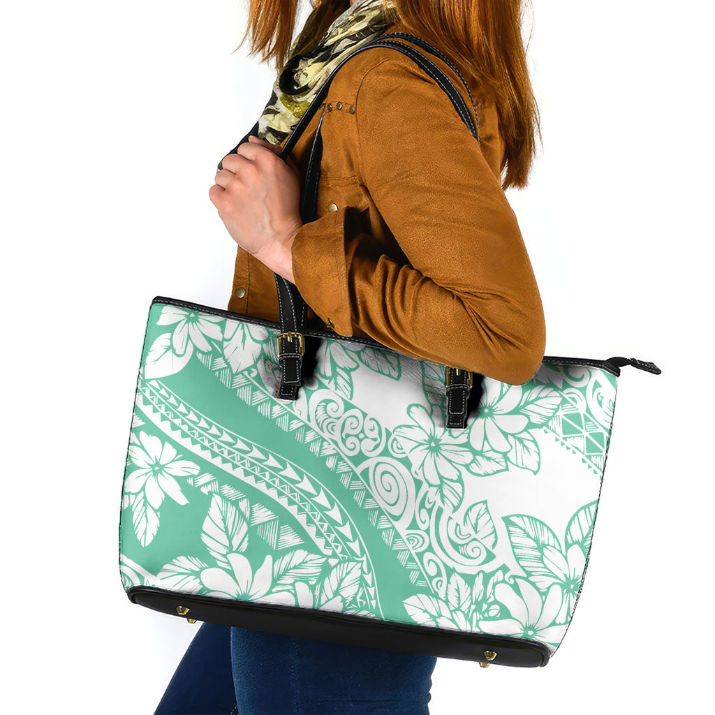 Polynesian Tiare Flower Cyan Pastel Vibes Leather Tote Bag