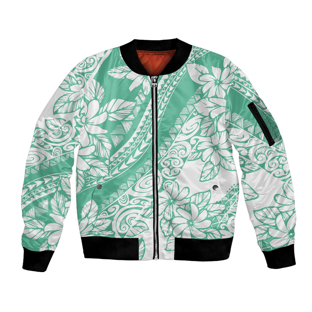 Polynesian Tiare Flower Cyan Pastel Vibes Sleeve Zip Bomber Jacket LT14 Unisex Cyan - Polynesian Pride
