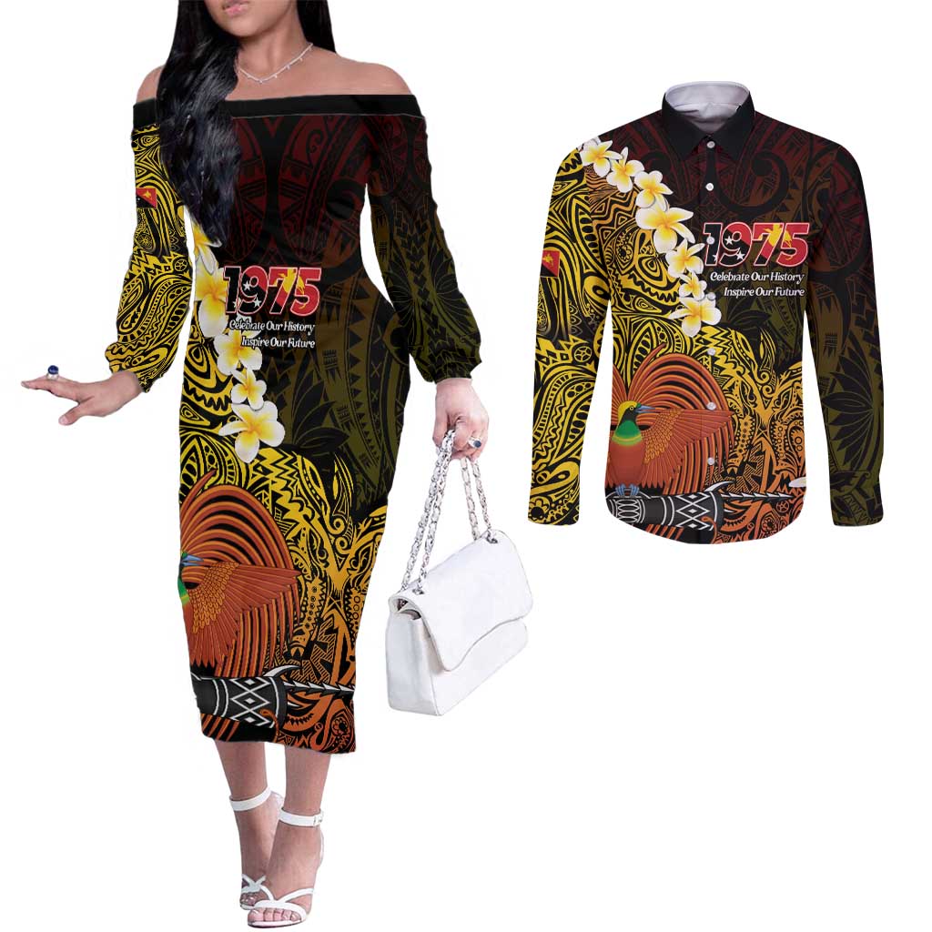 Papua New Guinea 1975 Couples Matching Off The Shoulder Long Sleeve Dress and Long Sleeve Button Shirt Create Our History Inspire Our Future - Polynesian Pride