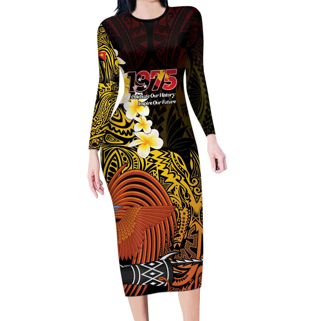 Papua New Guinea 1975 Family Matching Long Sleeve Bodycon Dress and Hawaiian Shirt Create Our History Inspire Our Future LT14 Mom's Dress Black - Polynesian Pride